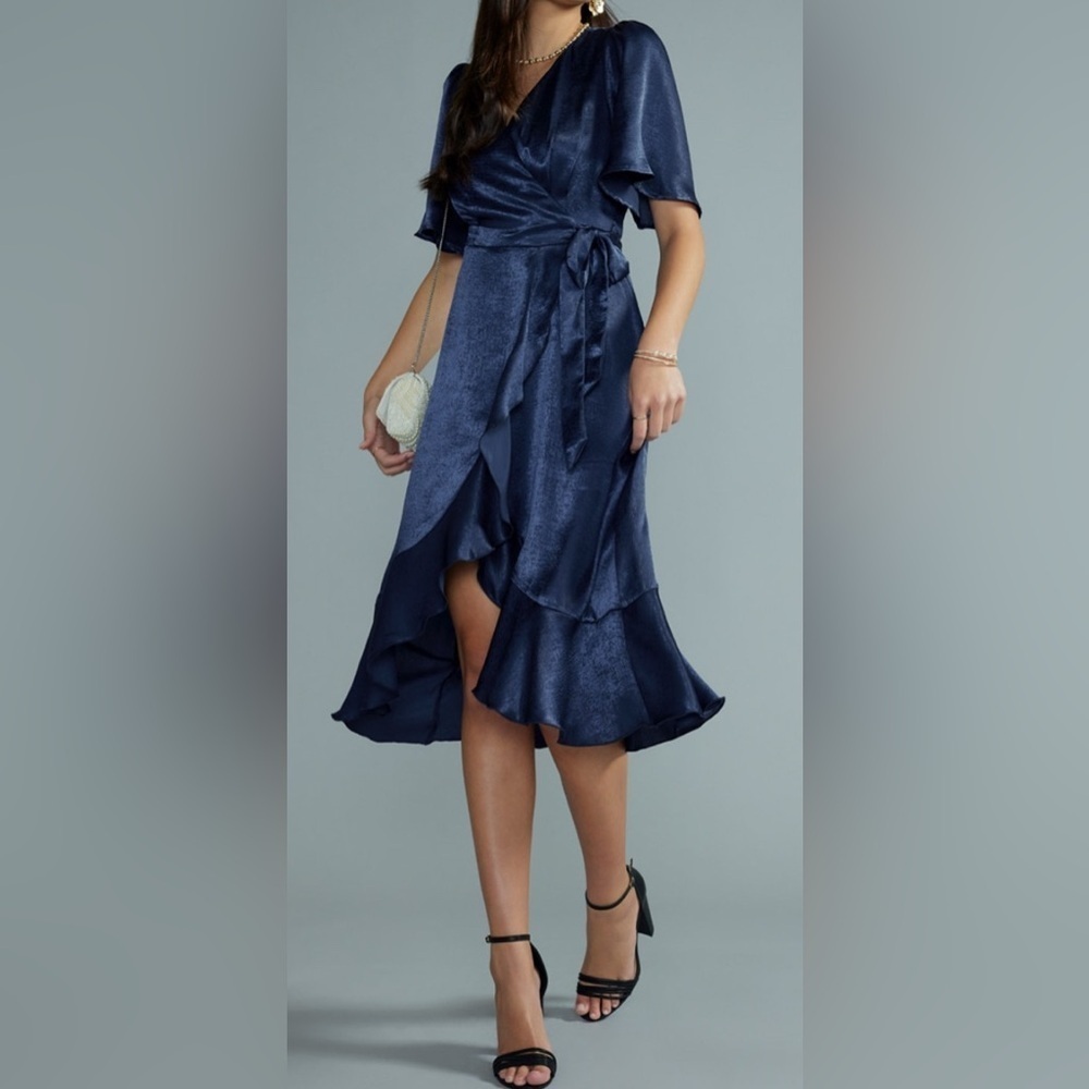 Silk Dress Margot Satin Wrap Navy Blue Party Audrey Soft Francesca’s Holiday - Picture 15 of 15